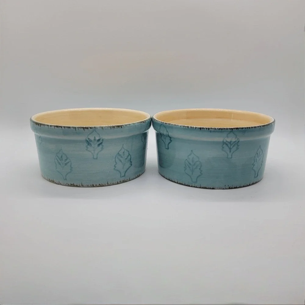 Bella Ceramics Pastis Blue Leaf Ceramic Set of 2 Pet Food Bowls‎ 5 Inch